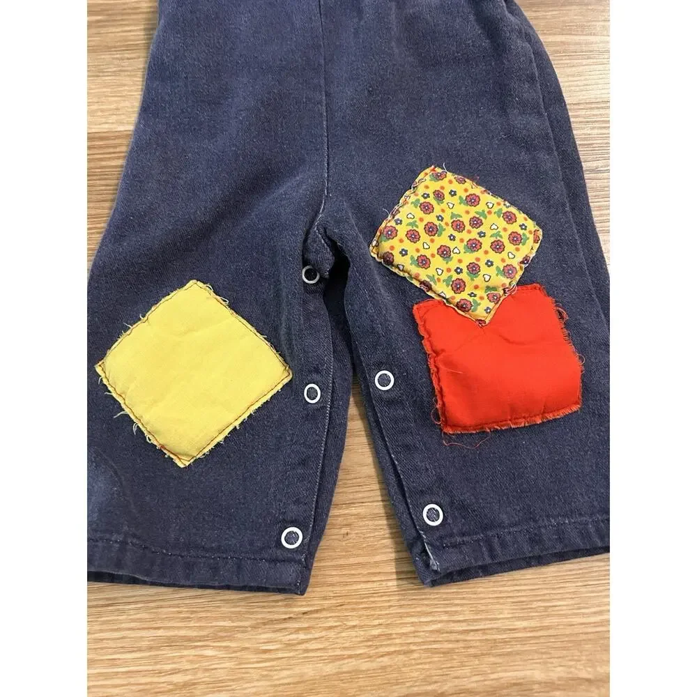 Vintage Toddler Navy Overalls Patchwork Knee Patches Snap Crotch-